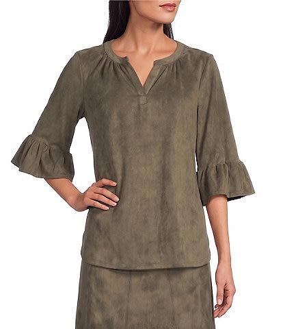 Intro Petite Size Faux Suede Split V-Neck 3/4 Ruffle Bell Sleeve Top