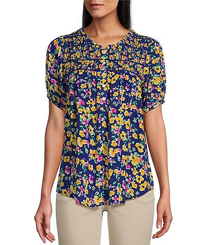 Intro Petite Size Floral Printed Scoop Neck Short Sleeve Smocked Yoke Lace Inset Half-Button Front Top