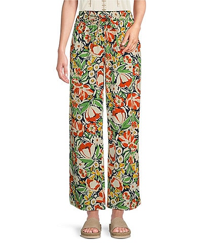 Intro Petite Size Janis Woven Floral Print Wide-Leg Pull-On Ankle Pants