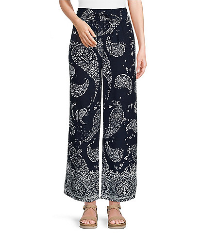 Intro Petite Size Janis Woven Paisley Print Wide-Leg Pull-On Ankle Pants