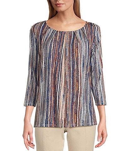 Intro Petite Size Knit Jersey Abstract Stripe 3/4 Sleeve Pleated Neck Tee