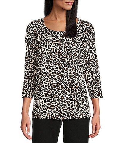 Intro Petite Size Knit Jersey Animal Print 3/4 Sleeve Pleated Neck Tee