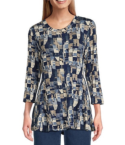 Intro Petite Size Knit Jersey Sand Multi Print Jersey Scoop Neck 3/4 Sleeve Flare Hem Top
