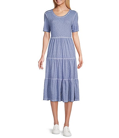 Intro Petite Size Knit Short Sleeve Scoop Neck Tiered Midi Dress