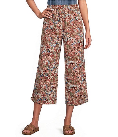 Intro Petite Size Linen-Blend Abstract Floral Print Pull-On Capri Pants