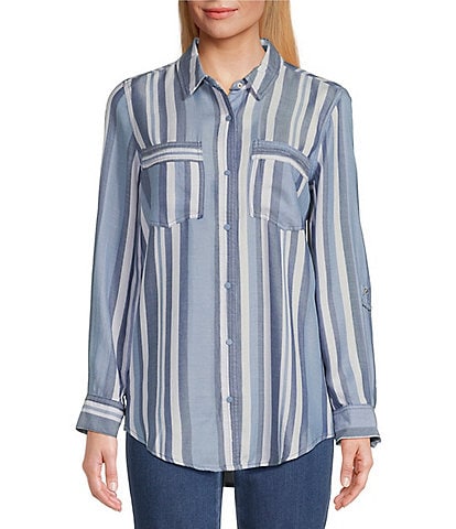 Intro Petite Size Lyocell Yarn Dyed Indigo Stripe Point Collar Roll-Tab Sleeve Snap-Front Shirt