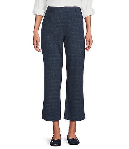 Intro Petite Size Mae Double Knit Plaid Print Pull-On Relaxed Cropped Pants