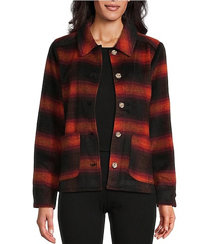 Intro Petite Size Plaid Point Collar Long Sleeve Button Front Jacket