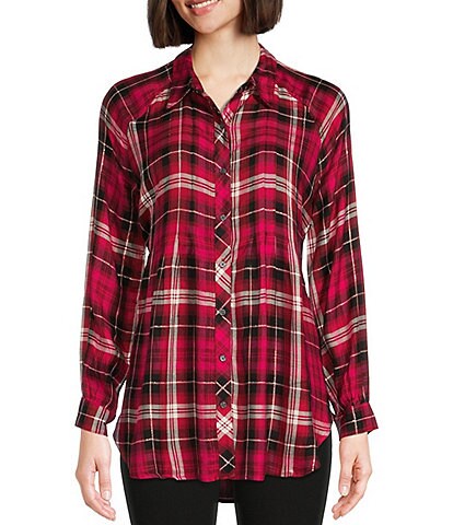 Intro Petite Size Plaid Print Gold Lurex Detail Long Raglan Sleeve Button Front Tunic