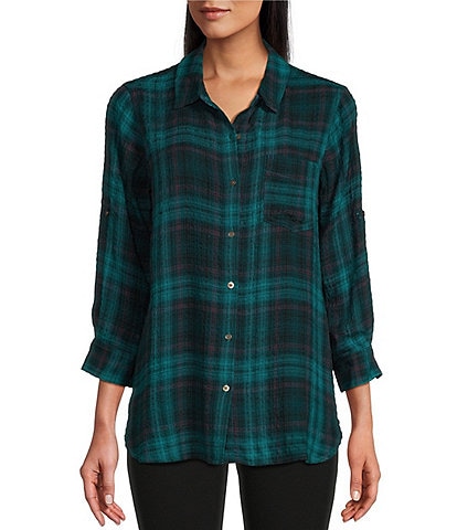 Intro Petite Size Plaid Print Puckered Woven Point Collar Roll-Tab Sleeve Button Front Shirt