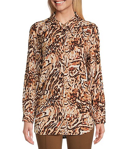 Intro Petite Size Printed Woven Point Collar Roll-Tab Sleeve A-Line Easy Popover Tunic