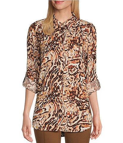 Intro Petite Size Printed Woven Point Collar Roll-Tab Sleeve A-Line Easy Popover Tunic