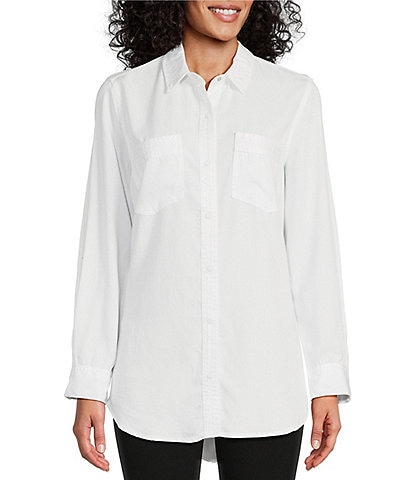 Intro Petite Size Roll-Tab Sleeve Button Front Slub Lyocell Shirt