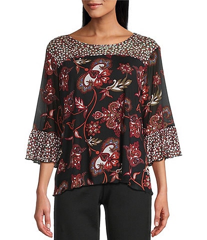 Intro Petite Size Intro Soft Mesh Jacobean Floral Mix Printed 3/4 Romantic Sleeve Top
