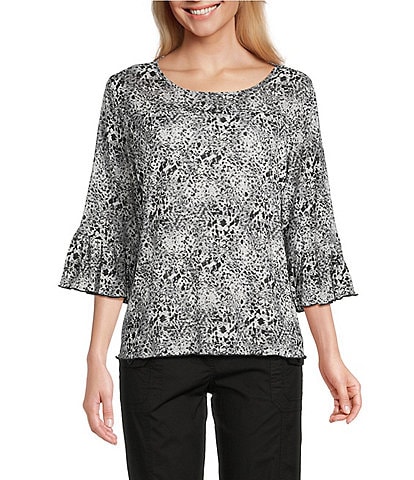 Intro Petite Size Soft Mesh Mini Animal Print 3/4 Romantic Sleeve Top
