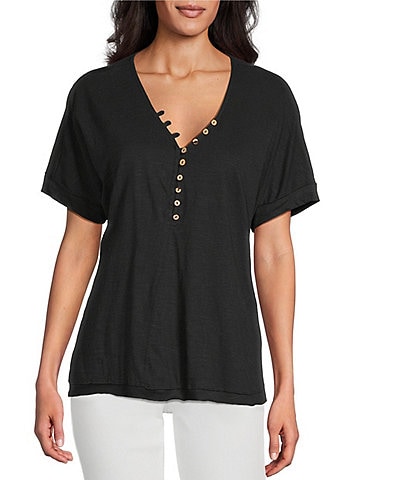 Intro Petite Size Solid V-Neck Short Sleeve Tee