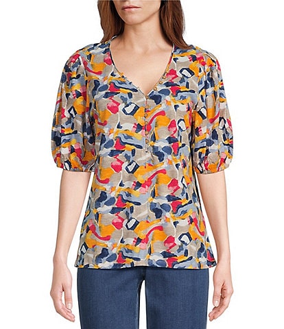 Intro Petite Size Stone Wash Abstract Print V-Neck Short Puffed Sleeve Half Button Front Cotton Slub Jersey Knit Shirt