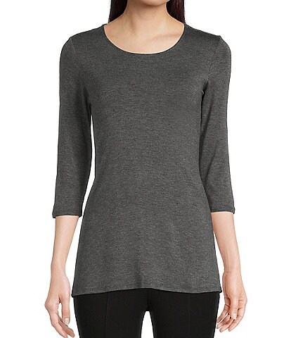 Intro Petite Size The Legging Solid Knit Round Neck 3/4 Sleeve Pleat Back High-Low Tee