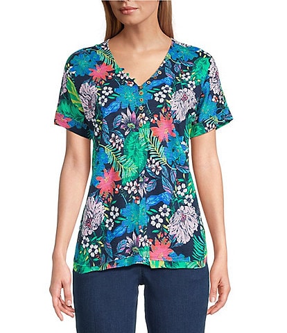 Intro Petite Size Tropic Botanical V-Neck Short Sleeve Tee
