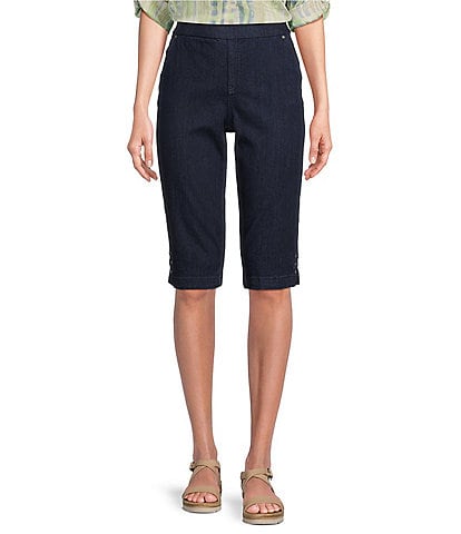 Intro Petite Size Tummy Control Grommet Tab Hem Denim Pull-On Bermuda Shorts