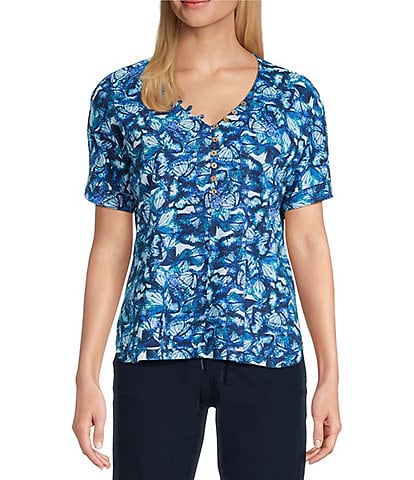 Intro Petite Size Watercolor Butterfly V-Neck Short Sleeve Tee