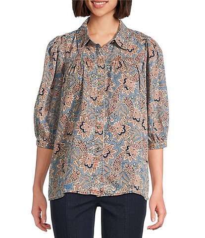 Intro Petite Size Woven Floral Printed Point Collar Long Sleeve Button Front Placket Blouse