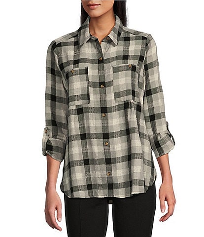 Intro Petite Size Woven Plaid Print Point Collar 3/4 Roll-Tab Sleeve Button Front Shirt