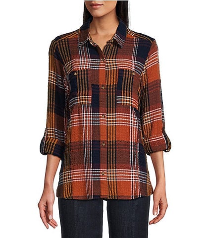 Intro Petite Size Woven Plaid Print Point Collar 3/4 Roll-Tab Sleeve Button Front Shirt