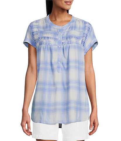 Intro Petite Size Woven Pleated Plaid Print Banded Collar Short Sleeve Pop Over Shirt