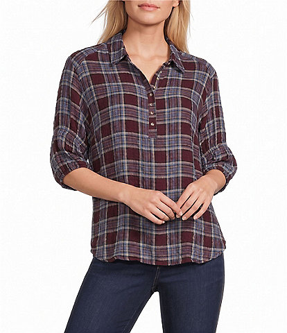 Intro Petite Size Woven Point Navy Beat Plaid Print Collar Long Roll-Tab Sleeve Button-Front Denim Shirt