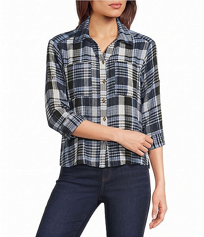 Intro Petite Size Woven Point Navy Beat Plaid Print Collar Long Roll-Tab Sleeve Button-Front Denim Shirt