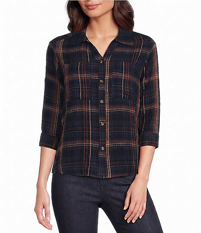 Intro Petite Size Woven Point Navy Beat Plaid Print Collar Long Roll-Tab Sleeve Button-Front Denim Shirt