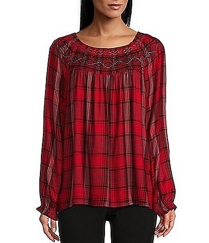 Intro Petite Size Yarn-Dye Embroidered Smocked Scoop Neck Long Sleeve Plaid Print Top