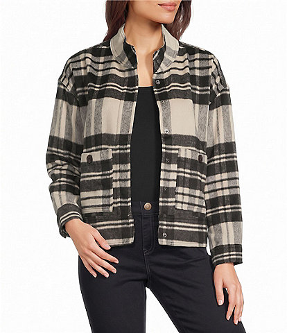 Intro Petite Size Yarn Dyed Plaid Stand Collar Long Sleeve Hidden Snap Front Jacket
