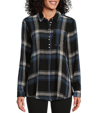 Intro Plaid Print Woven Point Collar Roll-Tab Sleeve A-Line Swing Popover Tunic