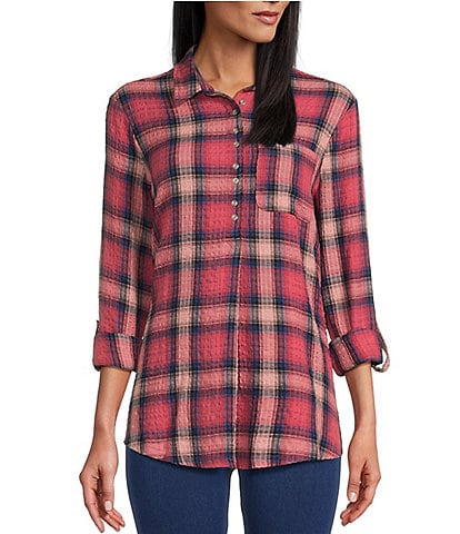 Intro Plaid Print Woven Point Collar Roll-Tab Sleeve A-Line Swing Popover Tunic