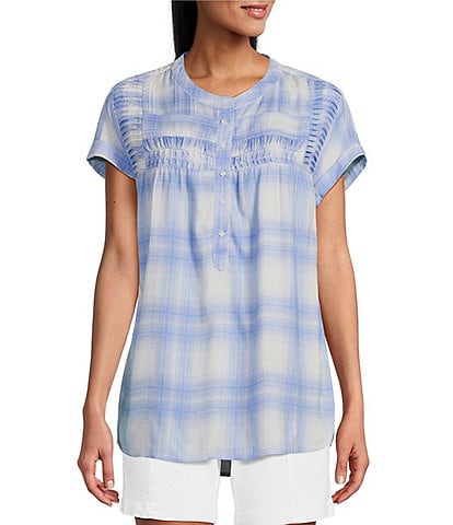 Intro Plaid Woven Pleated Yoke Band Round Neckline Cuffed Short Sleeve Half Button Front Placket Popover Shirt