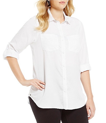 Intro Plus Size Button Front Slub Point Collar Roll-Tab Long Sleeve Lyocell Shirt