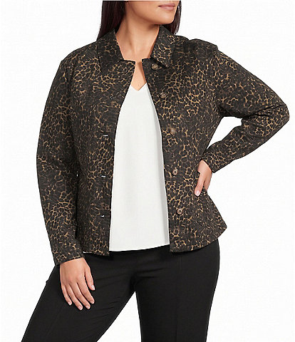 Intro Plus Size Animal Print Point Collar Long Sleeve Button Front Jacket