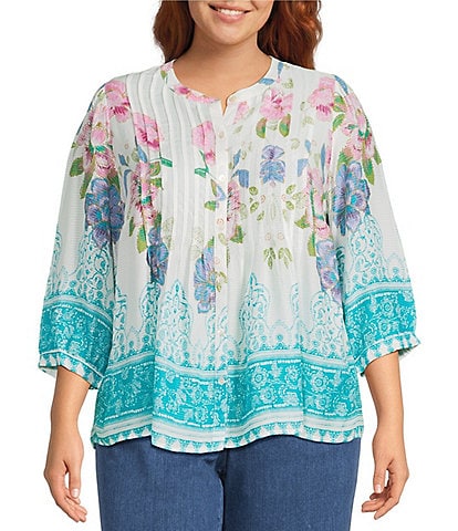 Intro Plus Size Begonia Pink Pleated Button-Front Blouse