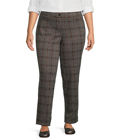 Intro Plus Size Bella Double Knit Plaid Straight Leg Pull-On Pants