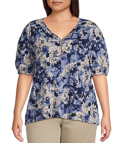 Intro Plus Size Cornflower Blue Floral Print V-Neck Short Puffed Sleeve Half Button Front Cotton Slub Jersey Knit Shirt