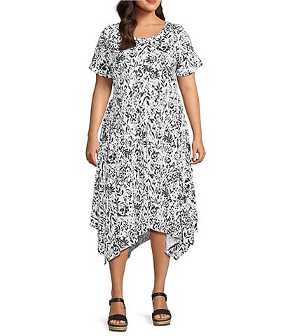Intro Plus Size Cotton Slub Jersey Knit Flower Print Scoop Neck Short Sleeve Scarf Hem Dress