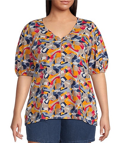 Intro Plus Size Cotton Slub Knit Stone Wash Abstract Print V-Neck Short Puffed Sleeve Half Button Front Top