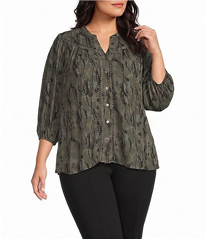 Intro Plus Size Crinkle Gauze Olive Sprig Banded Y Neck 3/4 Sleeve Button Front Top