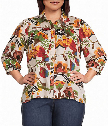 Intro Plus Size Crinkle Woven Printed Point Collar 3/4 Puff Sleeve Button Front Placket Shirt