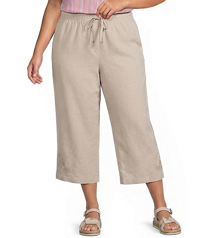 Intro Plus Size Elara Embroidered Hem Drawstring Tie Pull-On Capri Pants