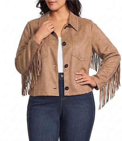 Intro Plus Size Faux Suede Fringe Point Collar Long Sleeve Jacket
