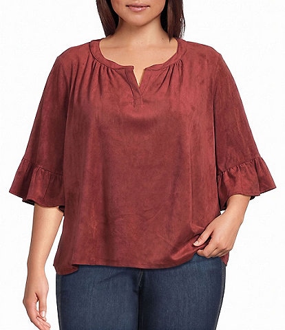 Intro Plus Size Faux Suede Split V-Neck 3/4 Ruffle Bell Sleeve Top