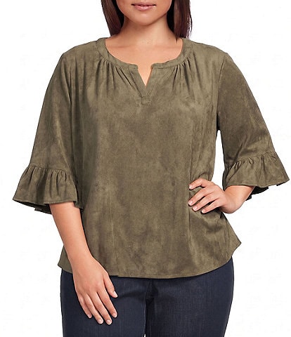 Intro Plus Size Faux Suede Split V-Neck 3/4 Ruffle Bell Sleeve Top